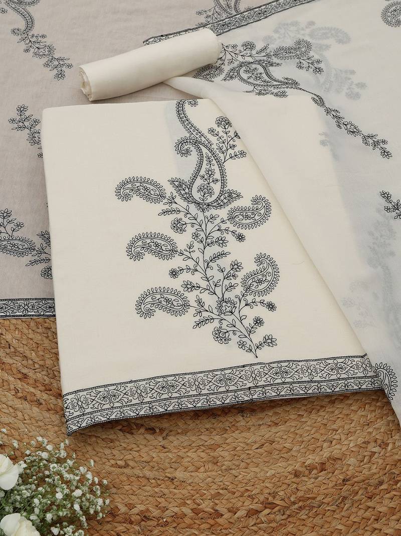 paisley embroidered chanderi unstitched dress material