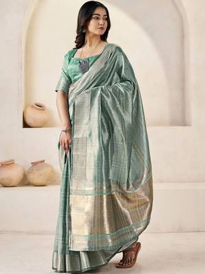 Sea green sea green linen ethnic woven design festive wear matching blouse & sarees 3