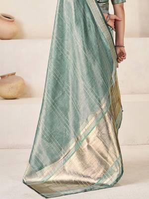 Sea green sea green linen ethnic woven design festive wear matching blouse & sarees 5