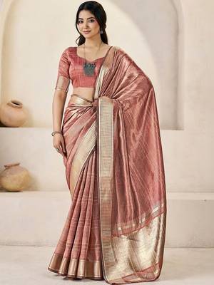Rose rose gold linen ethnic woven design festive wear matching blouse & sarees 1