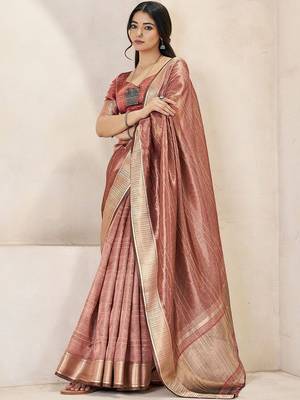 Rose rose gold linen ethnic woven design festive wear matching blouse & sarees 3
