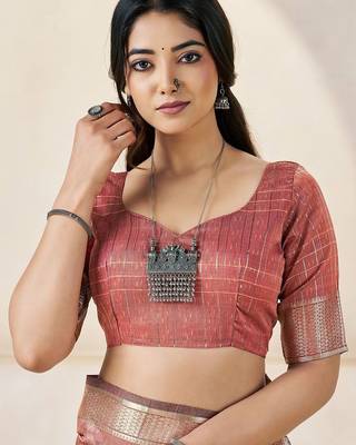 Rose rose gold linen ethnic woven design festive wear matching blouse & sarees 4