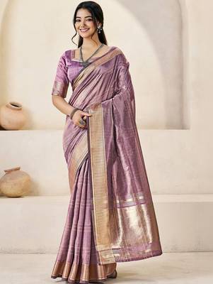 Lavender lavender linen ethnic woven design festive wear matching blouse & sarees 1
