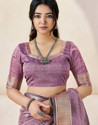 Lavender lavender linen ethnic woven design festive wear matching blouse & sarees 4