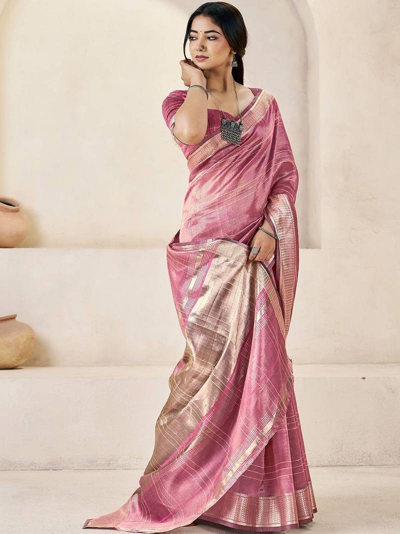 Mauve mauve linen ethnic woven design festive wear matching blouse & sarees