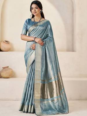 Blue light blue linen ethnic woven design festive wear matching blouse & sarees 1