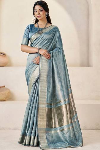 Blue light blue linen ethnic woven design festive wear matching blouse & sarees