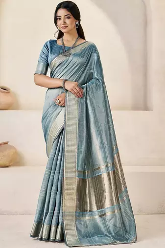 Blue light blue linen ethnic woven design festive wear matching blouse & sarees