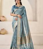 Blue light blue linen ethnic woven design festive wear matching blouse & sarees
