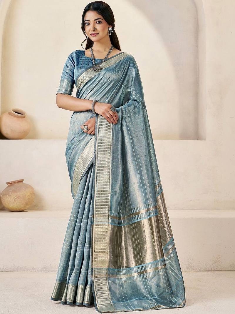Blue light blue linen ethnic woven design festive wear matching blouse & sarees