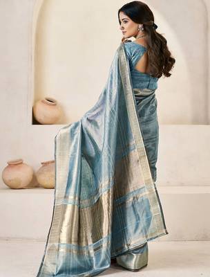 Blue light blue linen ethnic woven design festive wear matching blouse & sarees 2