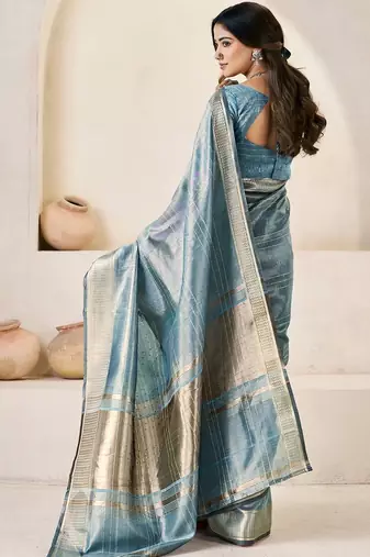 Blue light blue linen ethnic woven design festive wear matching blouse & sarees
