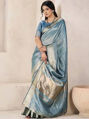 Blue light blue linen ethnic woven design festive wear matching blouse & sarees 3