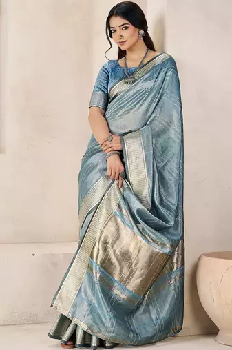 Blue light blue linen ethnic woven design festive wear matching blouse & sarees