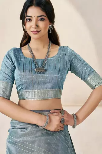 Blue light blue linen ethnic woven design festive wear matching blouse & sarees