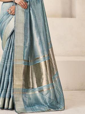 Blue light blue linen ethnic woven design festive wear matching blouse & sarees 5
