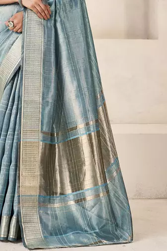 Blue light blue linen ethnic woven design festive wear matching blouse & sarees
