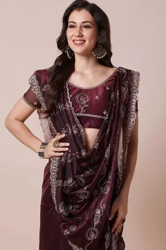 Burgundy embellished saree with unstitched blouse