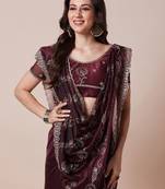 Burgundy embellished saree with unstitched blouse