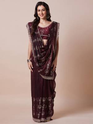 Burgundy embellished saree with unstitched blouse 2