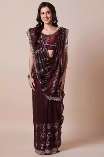 Burgundy embellished saree with unstitched blouse