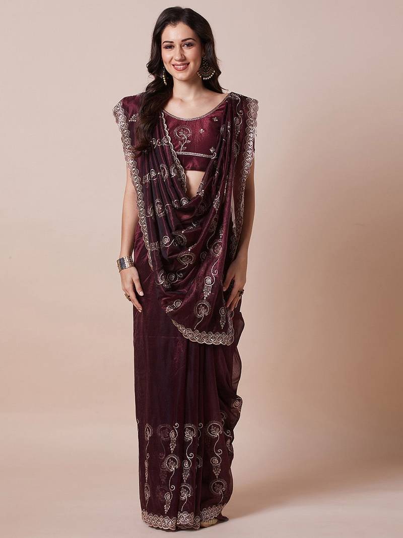 Burgundy embellished saree with unstitched blouse