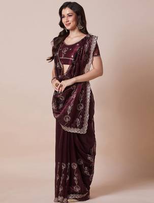Burgundy embellished saree with unstitched blouse 3