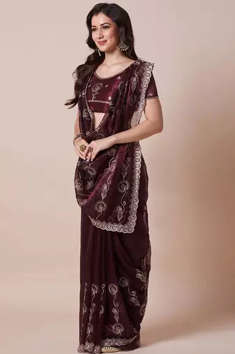 Burgundy embellished saree with unstitched blouse