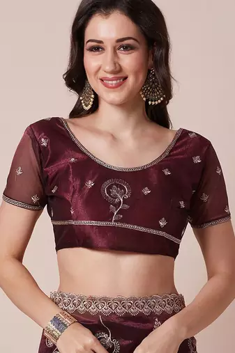 Burgundy embellished saree with unstitched blouse