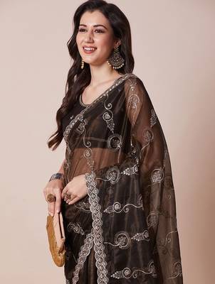 Brown embroidered festive wear saree with blouse piece 1
