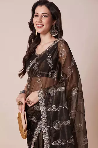 Brown embroidered festive wear saree with blouse piece