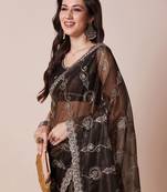 Brown embroidered festive wear saree with blouse piece
