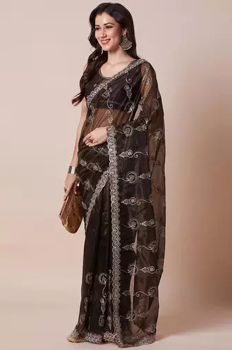 Brown embroidered festive wear saree with blouse piece