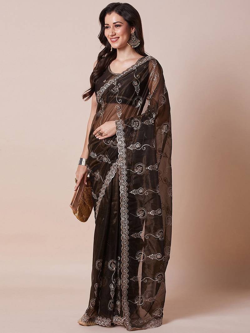 Brown embroidered festive wear saree with blouse piece