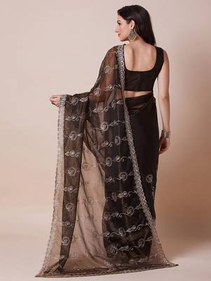 Brown embroidered festive wear saree with blouse piece 3