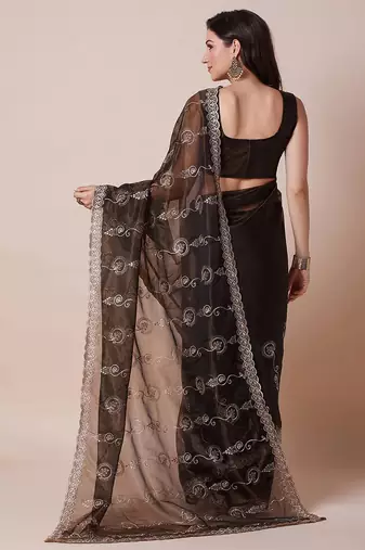 Brown embroidered festive wear saree with blouse piece