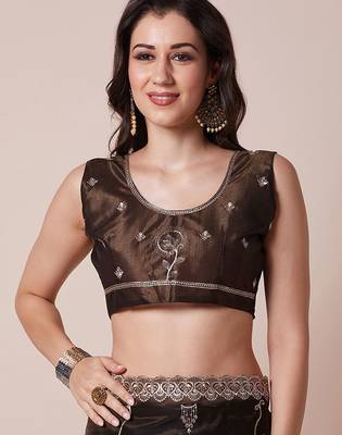 Brown embroidered festive wear saree with blouse piece 5