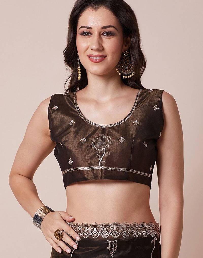 Brown embroidered festive wear saree with blouse piece