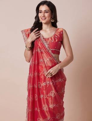 Orange embroidered party wear saree with unstitched blouse piece 1