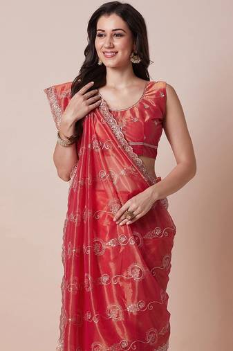 Orange embroidered party wear saree with unstitched blouse piece
