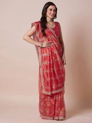 Orange embroidered party wear saree with unstitched blouse piece 2