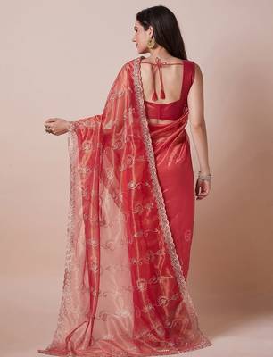 Orange embroidered party wear saree with unstitched blouse piece 3