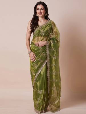 Green embroidered saree with blouse 1