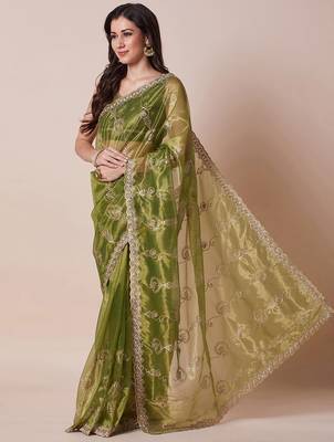 Green embroidered saree with blouse 2