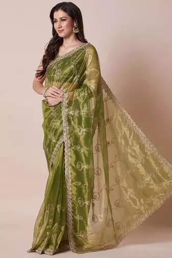 Green embroidered saree with blouse