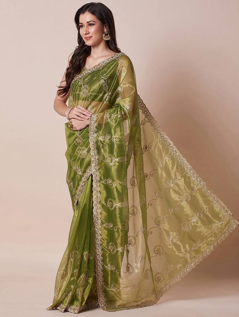 Green embroidered saree with blouse