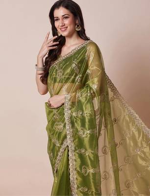 Green embroidered saree with blouse 3