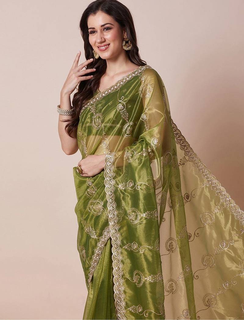 Green embroidered saree with blouse
