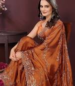 Rust floral embroidered sequinned saree with unstitched blouse
