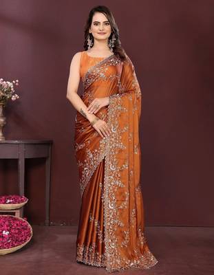 Rust floral embroidered sequinned saree with unstitched blouse 2